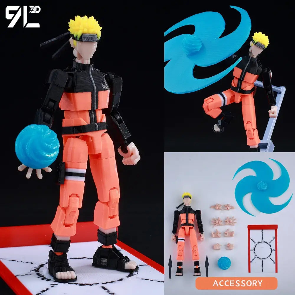 Solo leveling jin-woo orange and black printed movable action figure with yellow hair holding blue chakra sphere