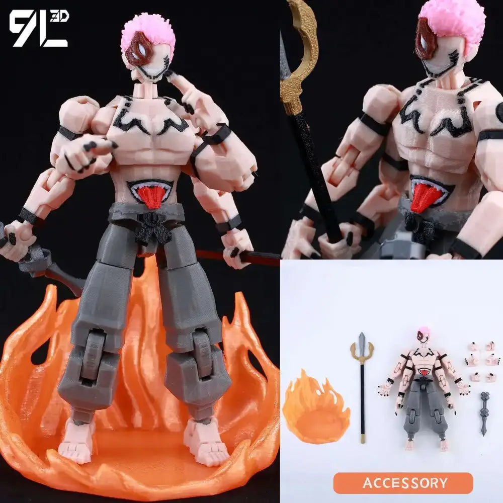 Solo leveling jin-woo printed movable action figure with pink hair black tribal markings and red chest accents wearing gray pants
