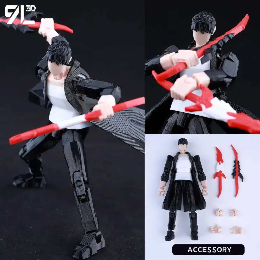 Solo leveling jin-woo black and white 3d printed movable action figure with red weapon accessories