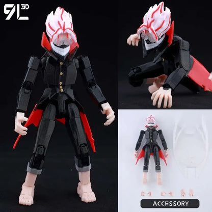 Solo leveling jin-woo 3d printed movable action figure with black and red suit, white hair, gold buttons, and pinkish skin