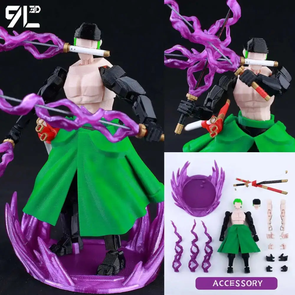Solo leveling jin-woo printed movable action figure with green hair muscular build and purple energy effects