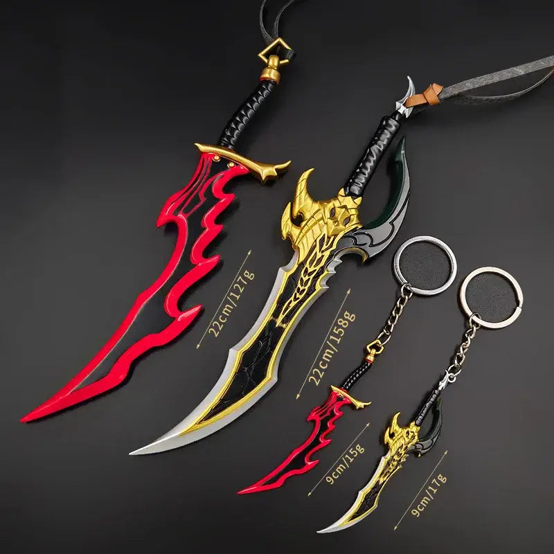 Red and gold solo leveling knight killer fangs sword 22cm metal keychain with black handle and metallic accents