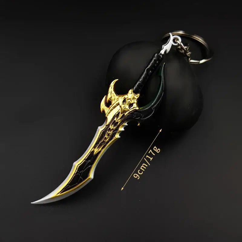 Detailed gold and black killer fangs sword keychain with intricate designs 22cm metal keychain from solo leveling knight killer fangs collection
