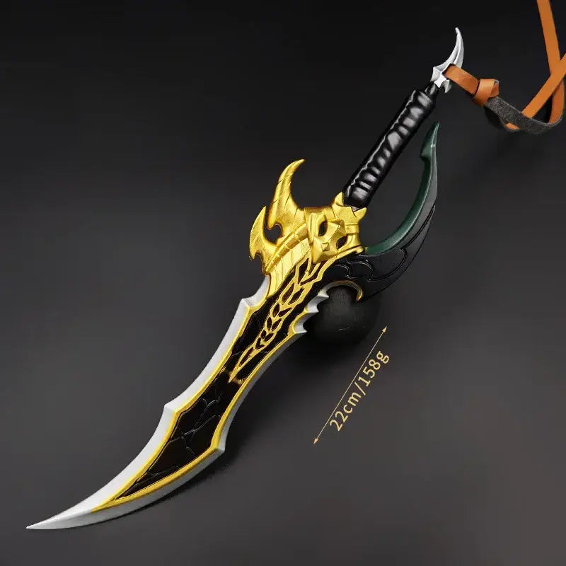 Solo leveling knight killer fangs curved sword 22cm metal keychain with black gold blade and ornate golden hilt details