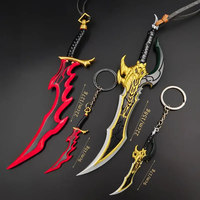 Two stylized knight killer fangs sword keychains with red black and silver black blades on 22cm metal keychain