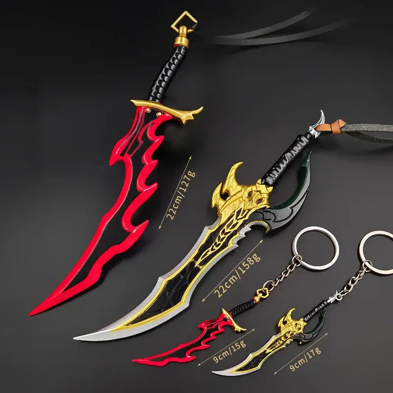 Red and gold solo leveling knight killer fangs sword 22cm metal keychains with detailed fantasy blade designs