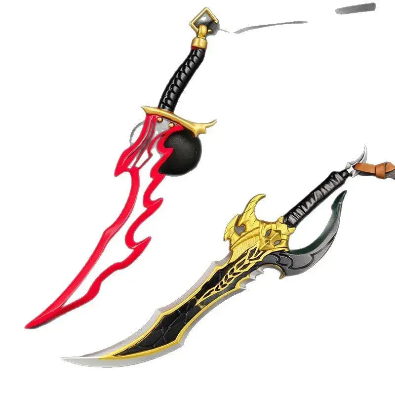 Solo leveling knight killer fangs swords 22cm metal with red flame and gold black handle and silver gray curved blade