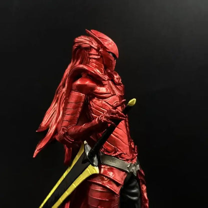 Glossy red solo leveling knight yegret resin statue holding sword with yellow blade and black hilt collectible figure