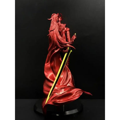 Glossy red resin statue of knight yegret from solo leveling holding a sword with a yellow blade premium collectible