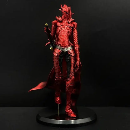 Detailed red knight yegret resin statue with intricate scale plating and flowing cape on black circular base premium collectible