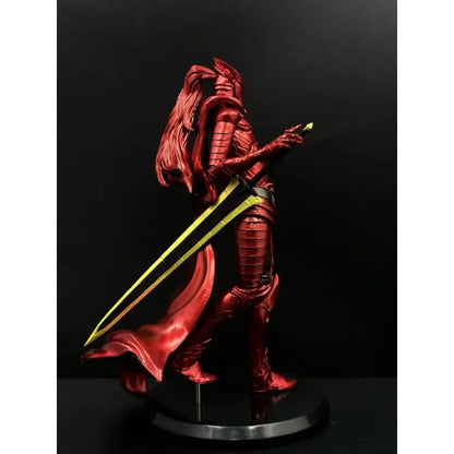 Red metallic knight yegret resin statue from solo leveling with armor and sword on a black base premium collectible