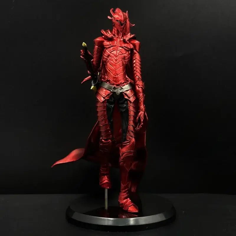 Detailed red knight yegret resin statue from solo leveling with intricate scale-like armor and flowing cape on black base