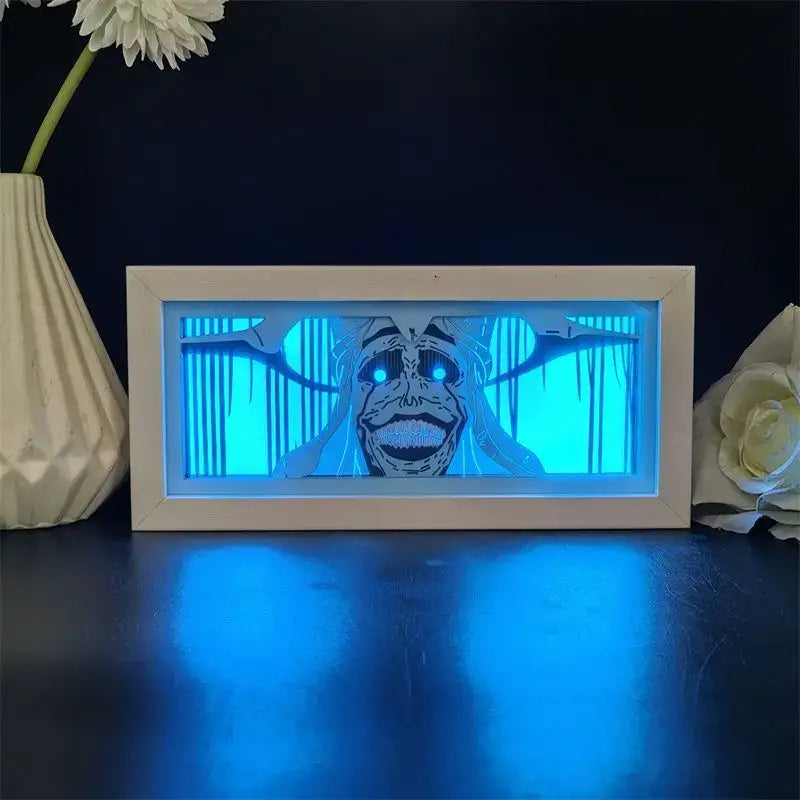 Solo leveling shadow box led lamp with glowing blue light and wood frame featuring a menacing anime character design