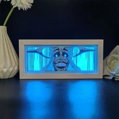 Solo leveling shadow box led lamp with glowing blue light and wood frame featuring a menacing anime character design
