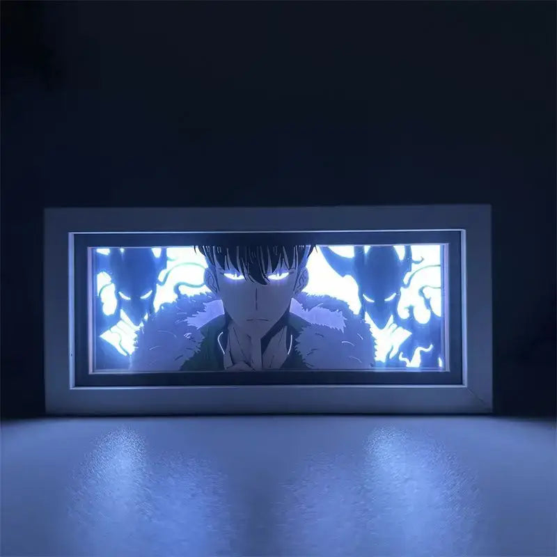 Solo leveling shadow box led lamp with glowing blue silhouette and demonic figures in a wood frame lightbox