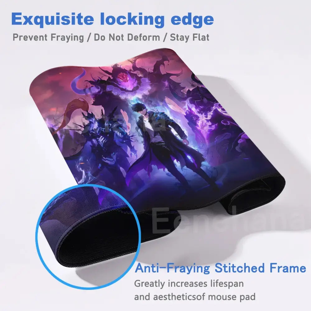 Purple and black illustrated solo leveling shadow monarch mouse pad with stitched edge and non slip surface xxl size