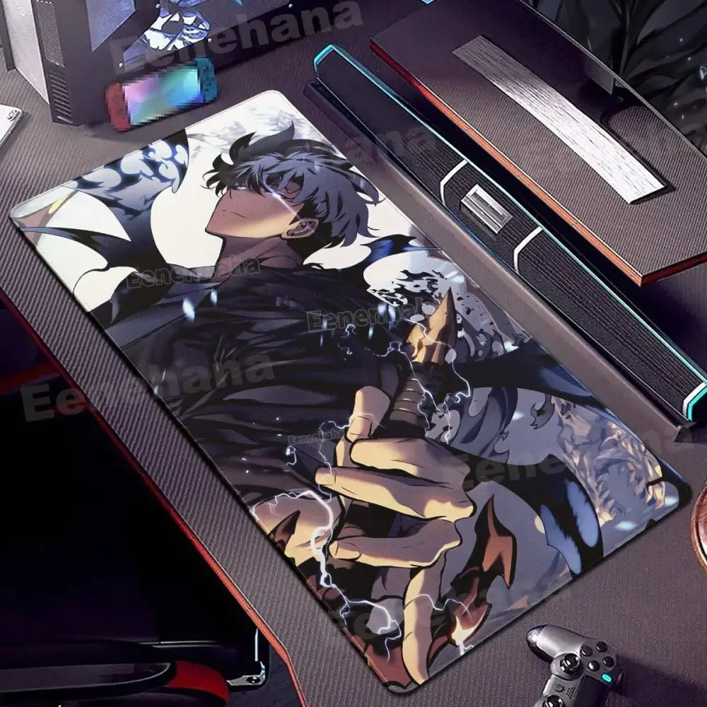 Black and gray anime-themed solo leveling shadow monarch mouse pad with spiky hair character and glowing weapon design