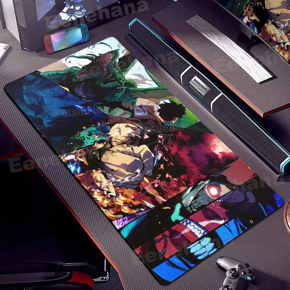Vibrant anime-themed solo leveling shadow monarch mouse pad with dynamic battle scenes and non-slip xxl design