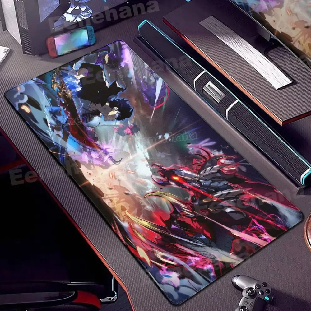 Vibrant solo leveling shadow monarch mouse pad with glossy surface featuring glowing red and purple energy effects