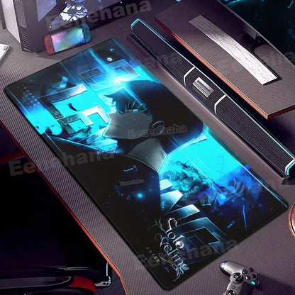 Blue and black solo leveling shadow monarch mouse pad with glowing anime character design and non slip surface