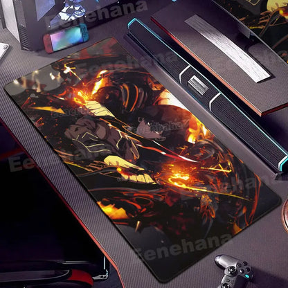 A rectangular solo leveling shadow monarch mouse pad with a fiery anime illustration in orange and black tones