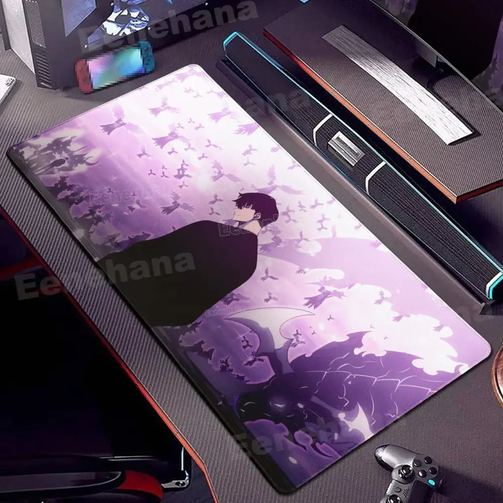 Purple anime-themed solo leveling shadow monarch mouse pad with dark-haired character bats and stylized clouds design