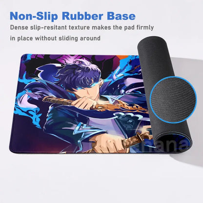 Vibrant shadow monarch mouse pad with non-slip rubber base featuring dynamic blue and purple solo leveling artwork