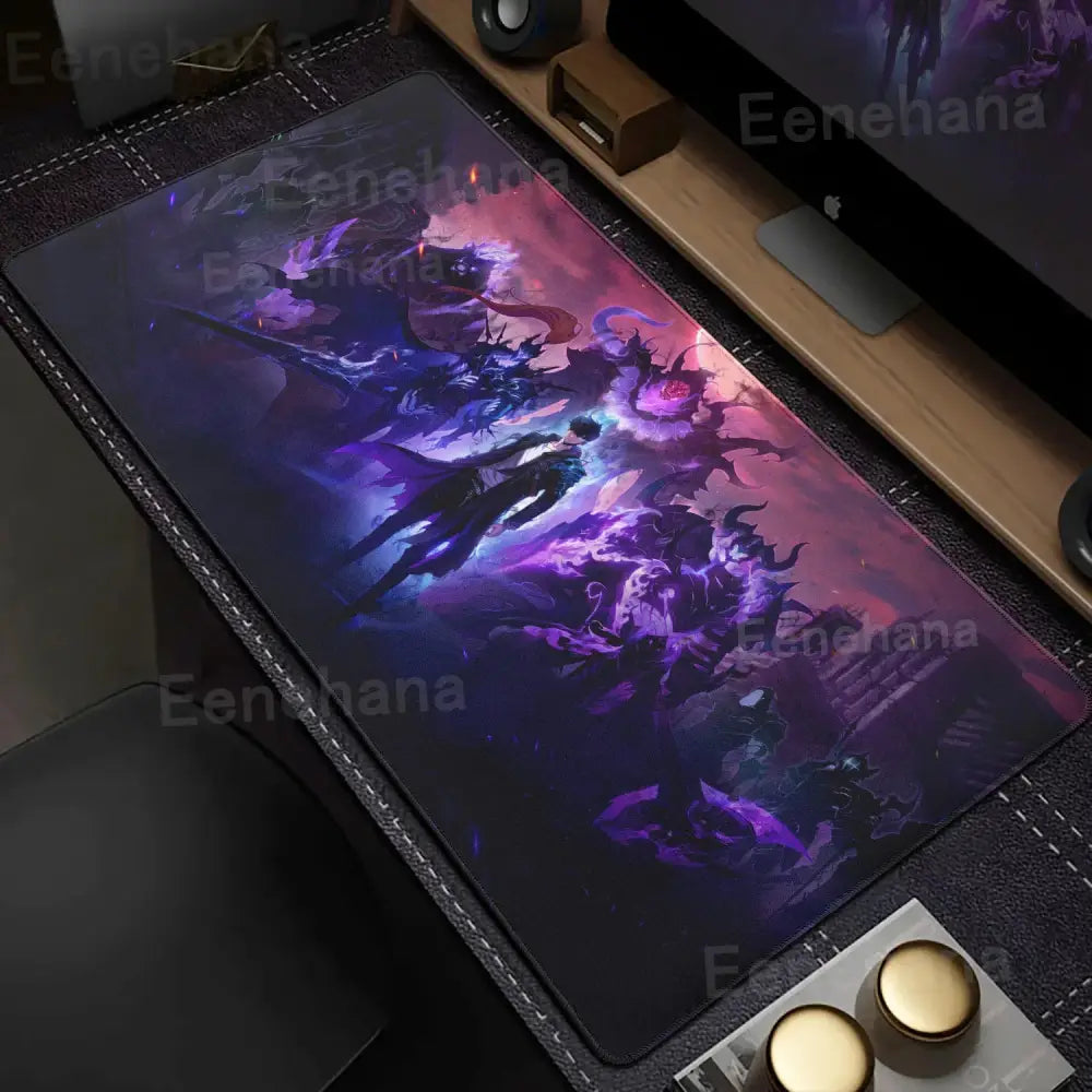 Solo leveling shadow monarch mouse pad featuring vibrant purple and pink cosmic battle scene with non slip surface