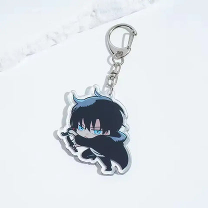 Solo leveling sung jin-woo acrylic keychain featuring a translucent chibi anime character holding a sword in dark outfit