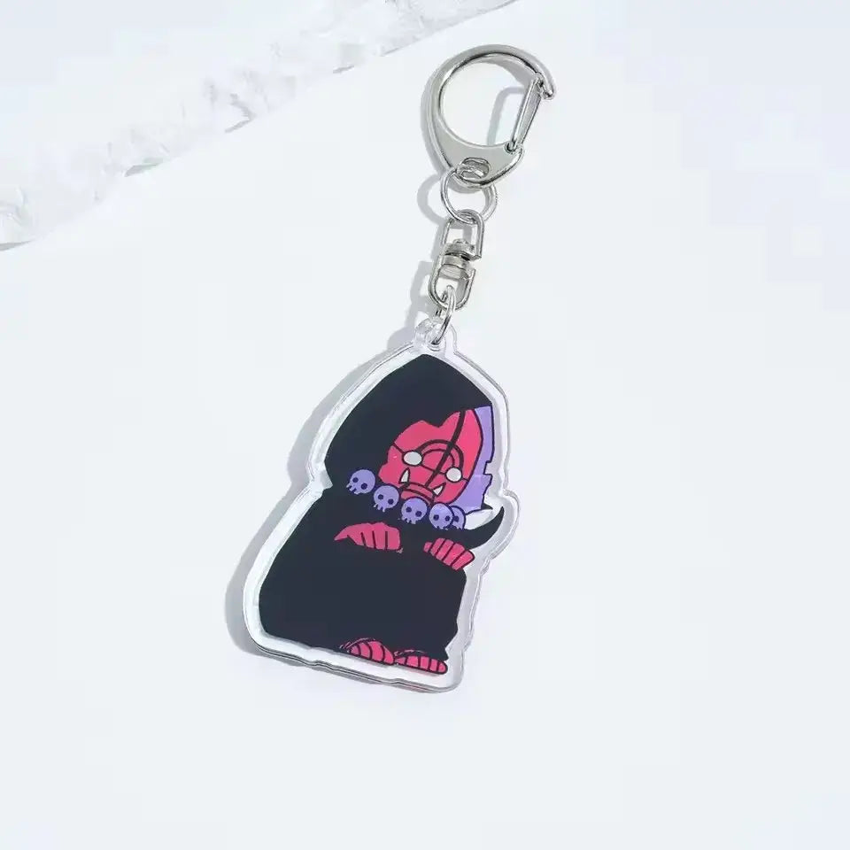 Clear acrylic solo leveling sung jin-woo keychain featuring a cartoon character with pink and purple facial features