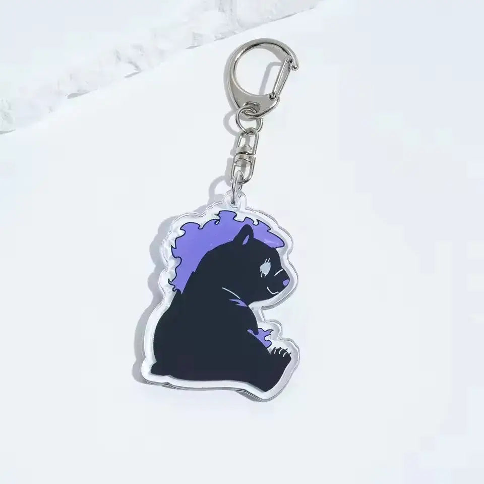 Solo leveling sung jin-woo acrylic keychain featuring a black bear charm with purple hair and a silver metal clip
