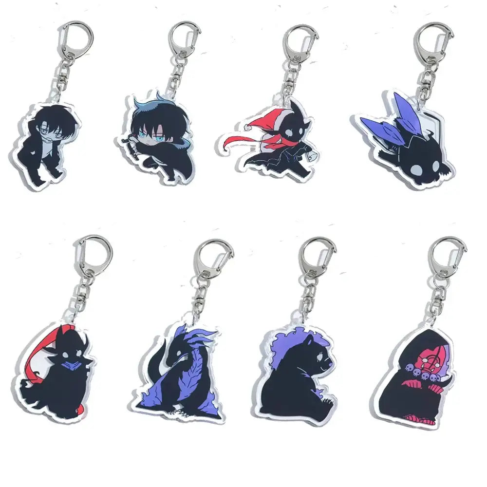 Set of eight solo leveling sung jin-woo acrylic keychains in black blue and red with silver metal clasps for bag charms