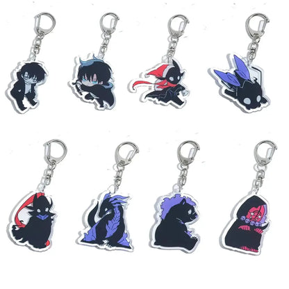 Set of eight solo leveling sung jin-woo acrylic keychains in black blue and red with silver metal clasps for bag charms