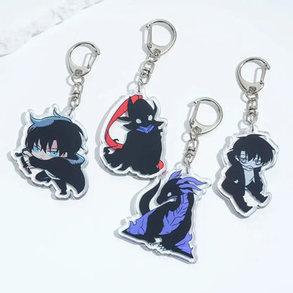 Clear acrylic solo leveling sung jin-woo keychain with silver metal clasp for use as a bag pendant