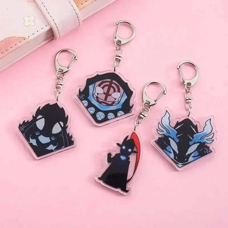 Clear acrylic solo leveling sung jin-woo keychains with black and blue anime designs and silver metal clasps bag pendant