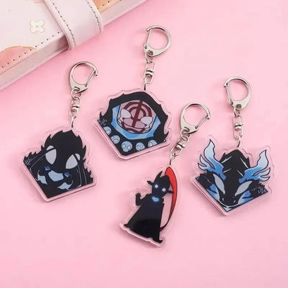 Clear acrylic solo leveling sung jin-woo keychain featuring black and blue anime design with silver metal clasp bag pendant