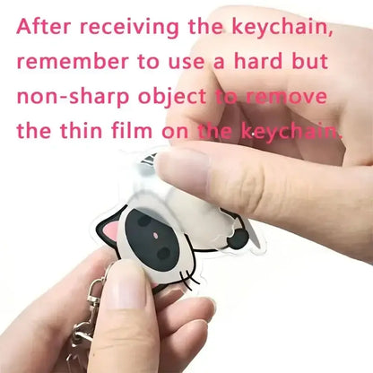 Clear acrylic solo leveling sung jin-woo cat-shaped keychain with black eyes and pink inner ears bag pendant
