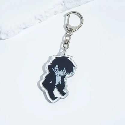 Clear acrylic solo leveling sung jin-woo keychain featuring black-haired anime character with glasses and metal clasp