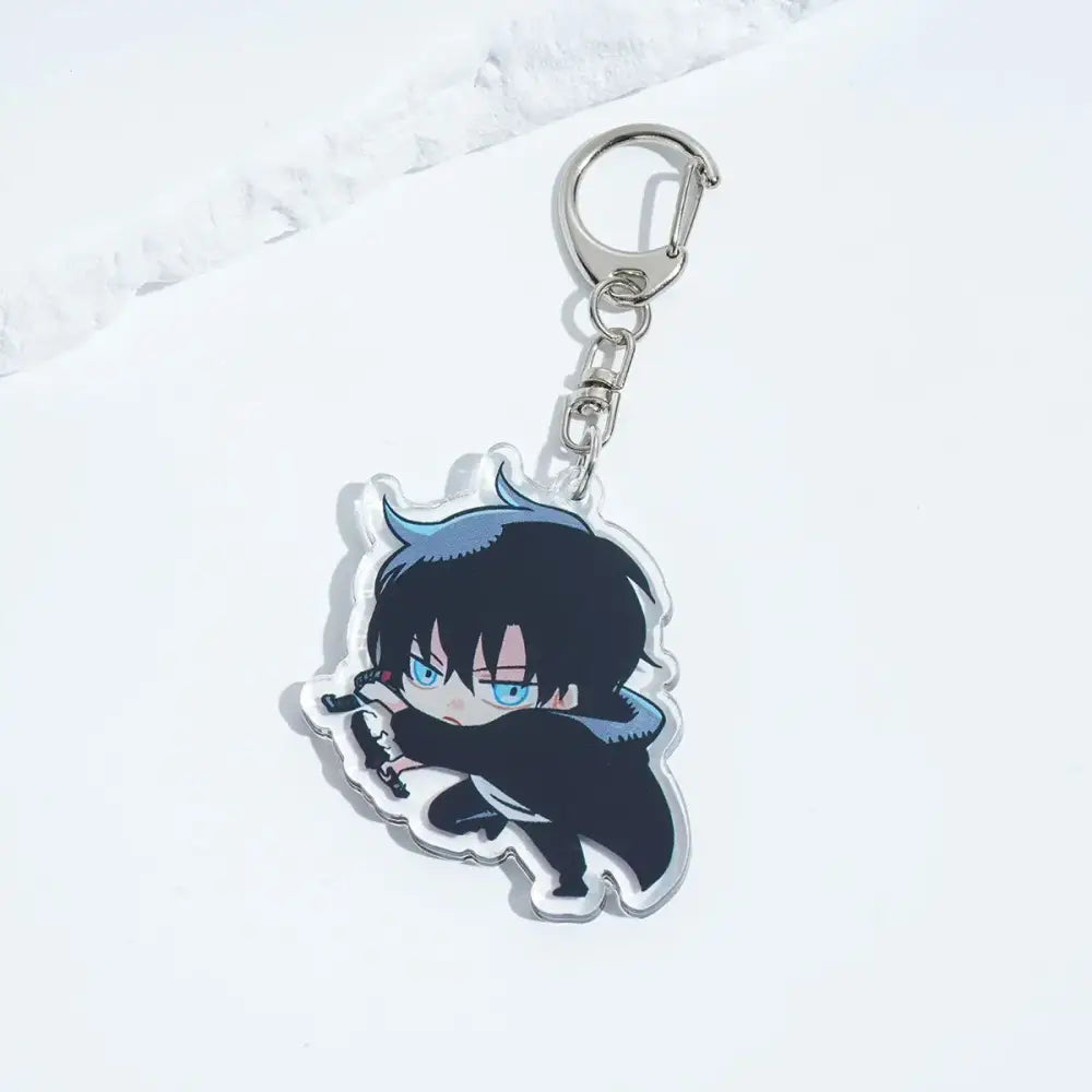 Translucent acrylic solo leveling sung keychain featuring chibi black haired character with blue eyes holding a sword