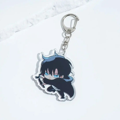 Translucent acrylic solo leveling sung keychain featuring chibi anime character with black hair blue eyes holding sword