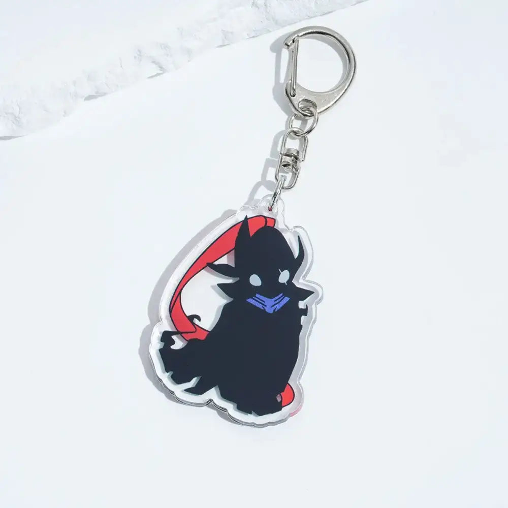Black acrylic solo leveling sung jin-woo keychain with red and blue accents attached to a silver metal clasp