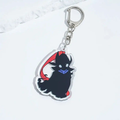Black acrylic solo leveling sung jin-woo keychain with red and blue accents attached to a silver metal clasp