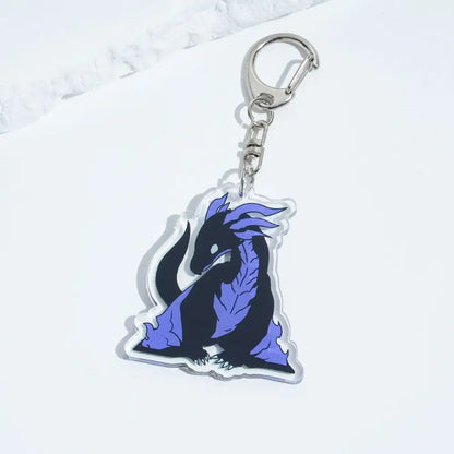 Solo leveling sung jin-woo acrylic keychain with a translucent black and purple dragon design and silver metal clasp