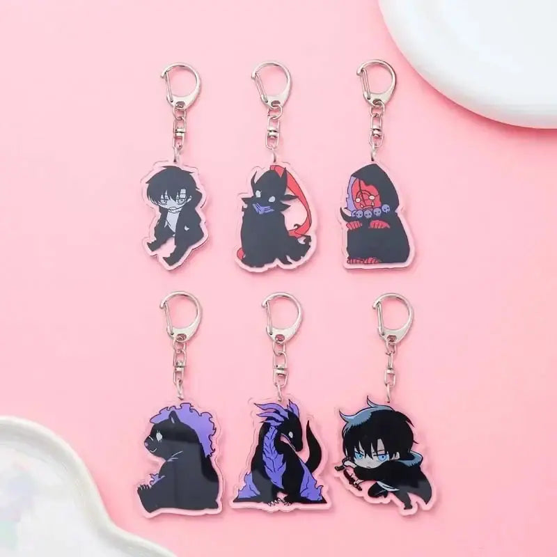 Set of six transparent acrylic solo leveling sung keychains featuring black and purple anime characters with silver clasps