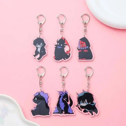 Set of six transparent acrylic solo leveling sung keychains featuring black and purple anime characters with silver clasps