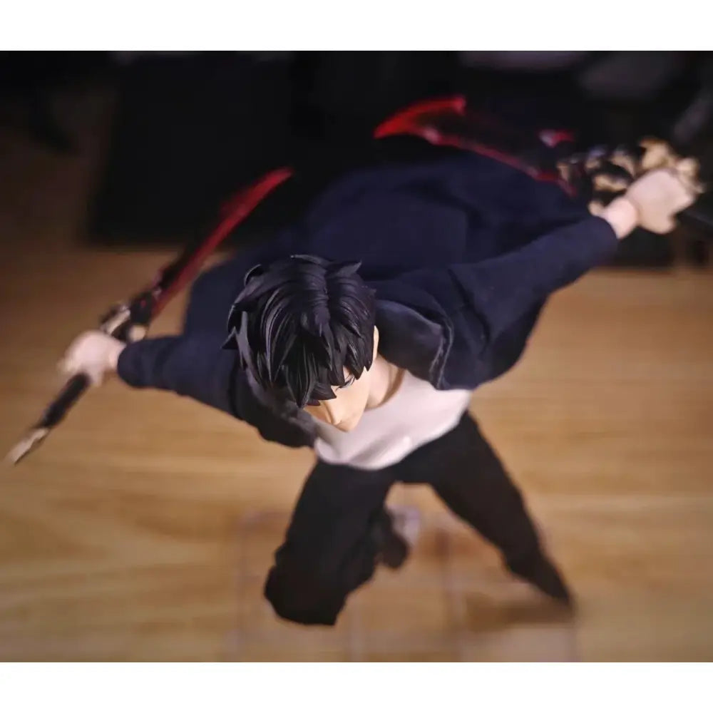 Solo leveling sung jin-woo action figure in dynamic pose with black hair dark blue jacket and two red-bladed swords