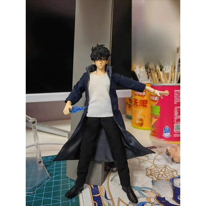 Solo leveling sung jin-woo action figure in navy trench coat holding a blue object 1/12 scale collectible