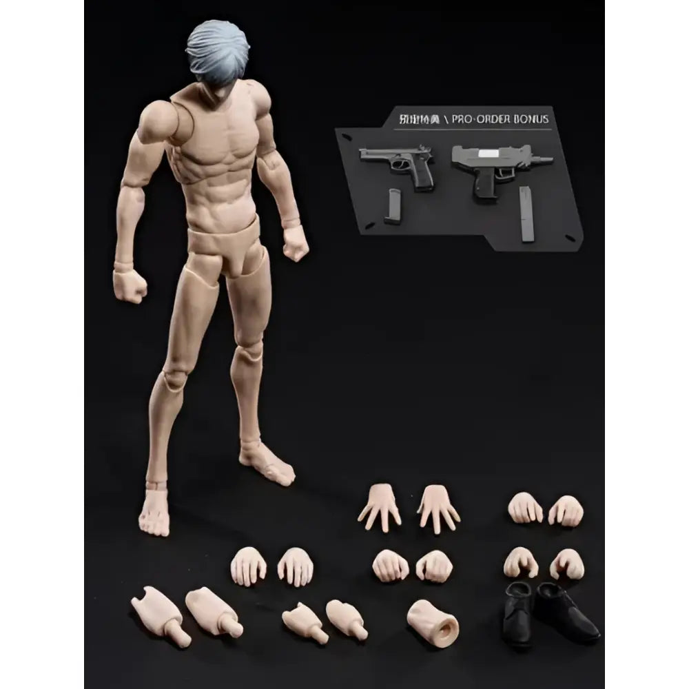 Muscular solo leveling sung jin-woo action figure with light blue hair and beige plastic body in dynamic pose