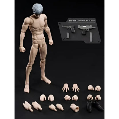 Muscular solo leveling sung jin-woo action figure with light blue hair and beige plastic body in dynamic pose