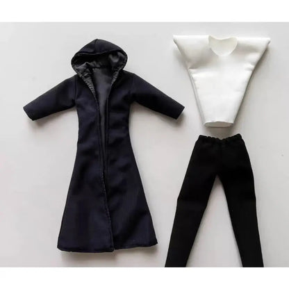 Solo leveling sung jin-woo action figure wearing a black textured hooded coat with gray inner lining in 1/12 scale